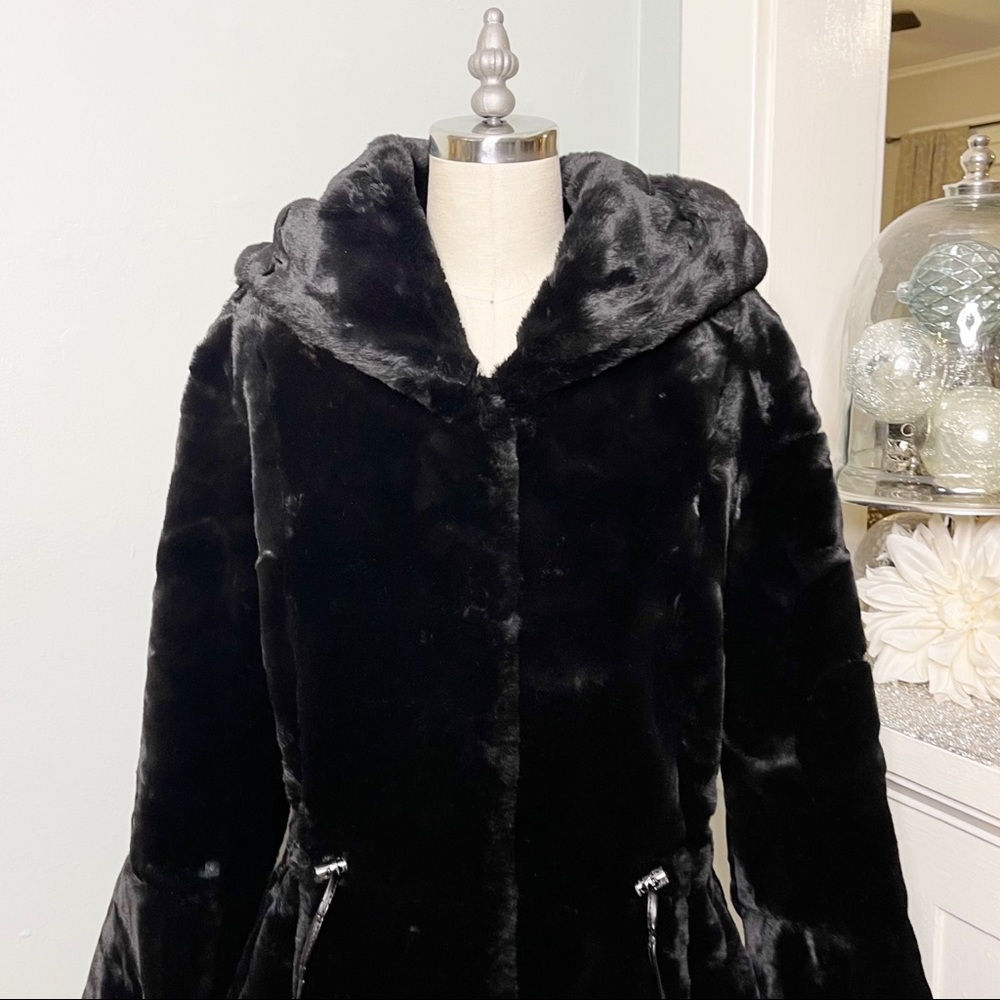 Fabulous Furs Black Hooded Sheared Faux Fur Beaver Anorak Winter Coat Size Small - Picture 6 of 16